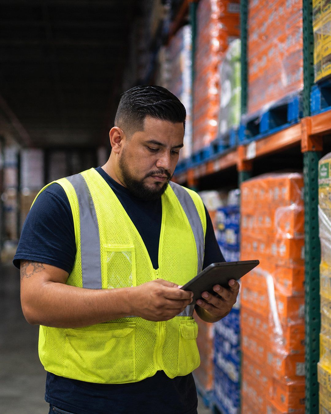 Persona revisando inventario con una tablet en un almacen