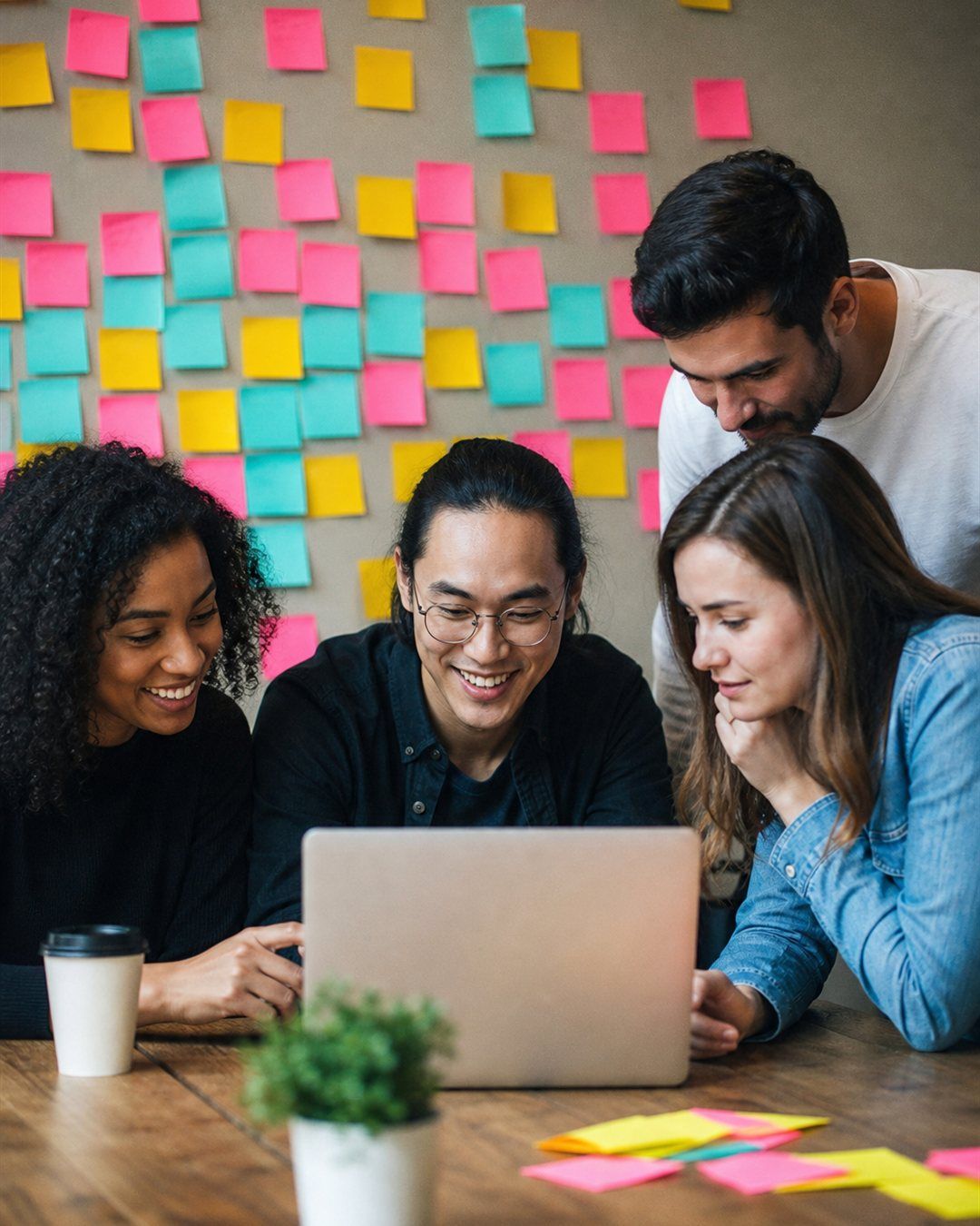 Pequeno equipo colaborando con cuadernos en una mesa de trabajo