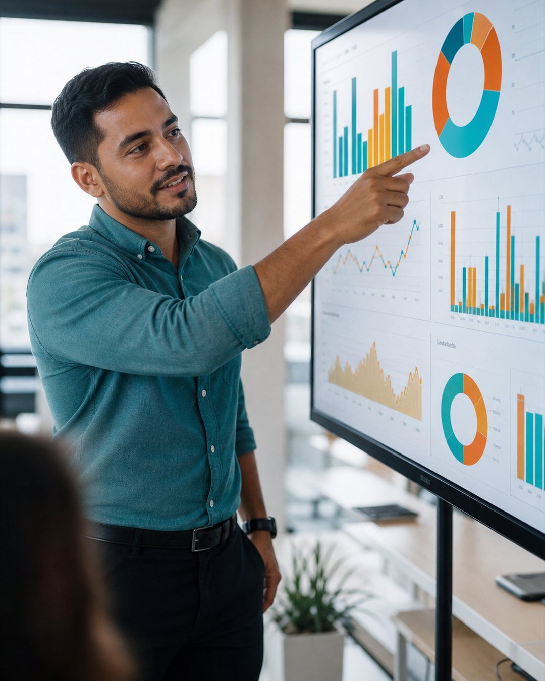 Profesional revisando dashboards de datos en un monitor