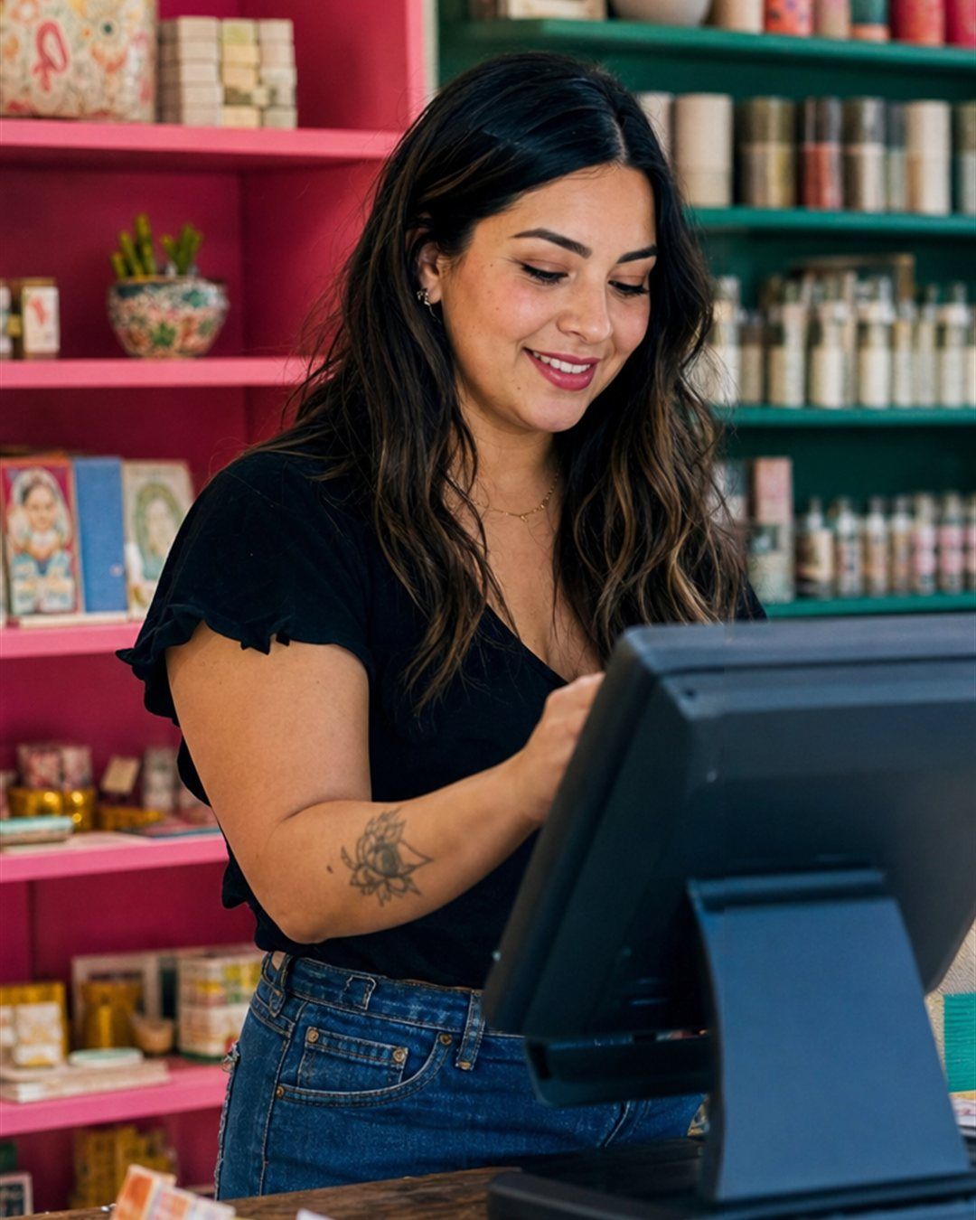 Duena de tienda atendiendo una venta con laptop y terminal POS
