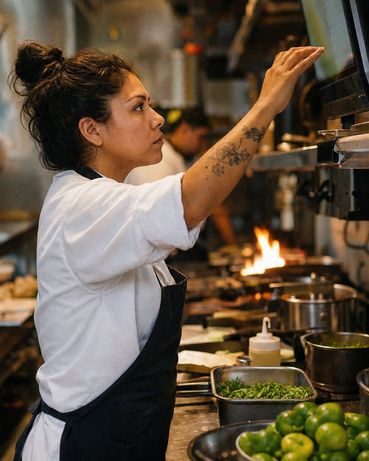 Cocina de restaurante con pantalla de comandas