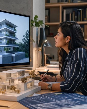 Arquitecta revisando un modelo 3D en pantalla