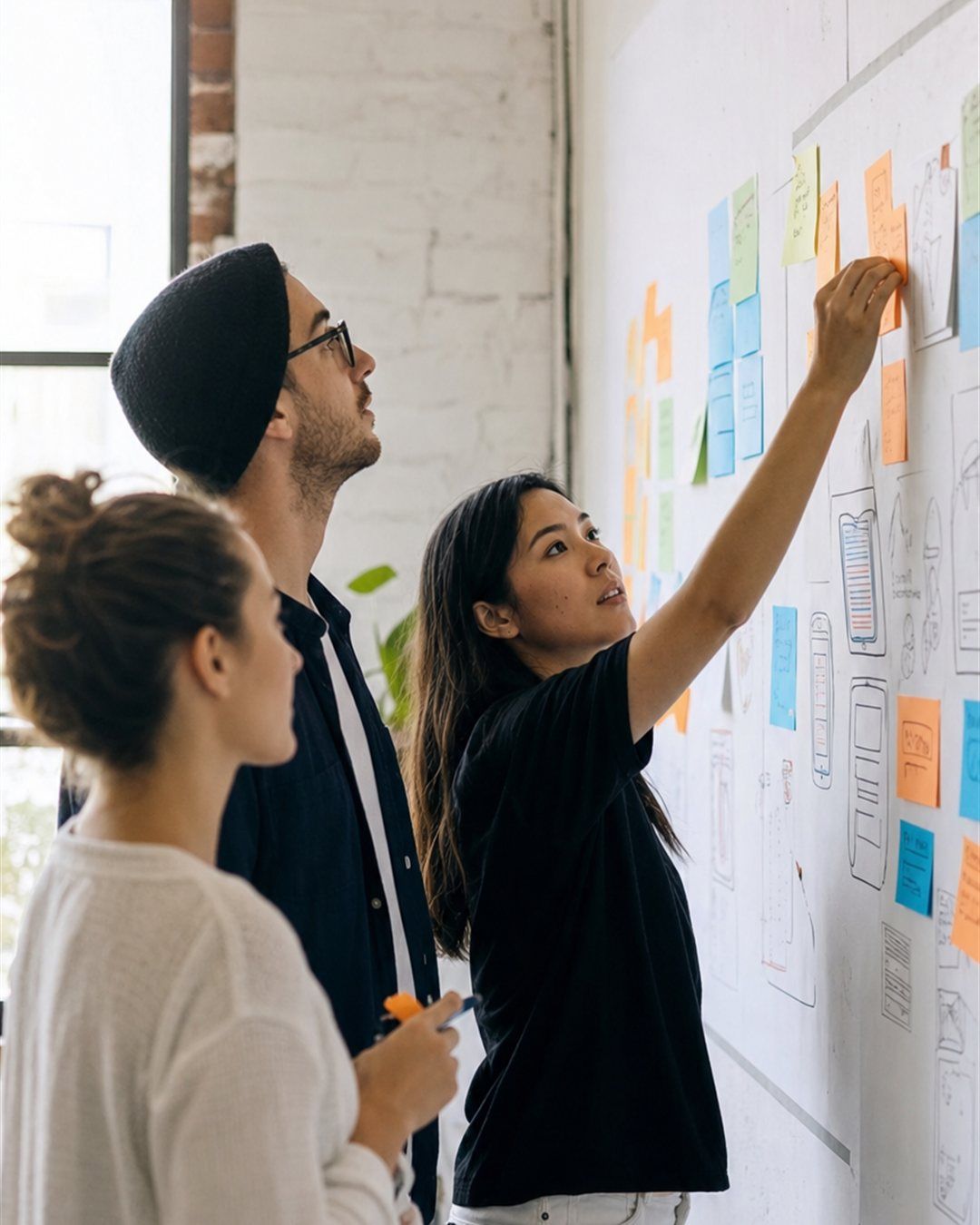 Equipo diseñando una solución frente a un tablero con bocetos y bloques.
