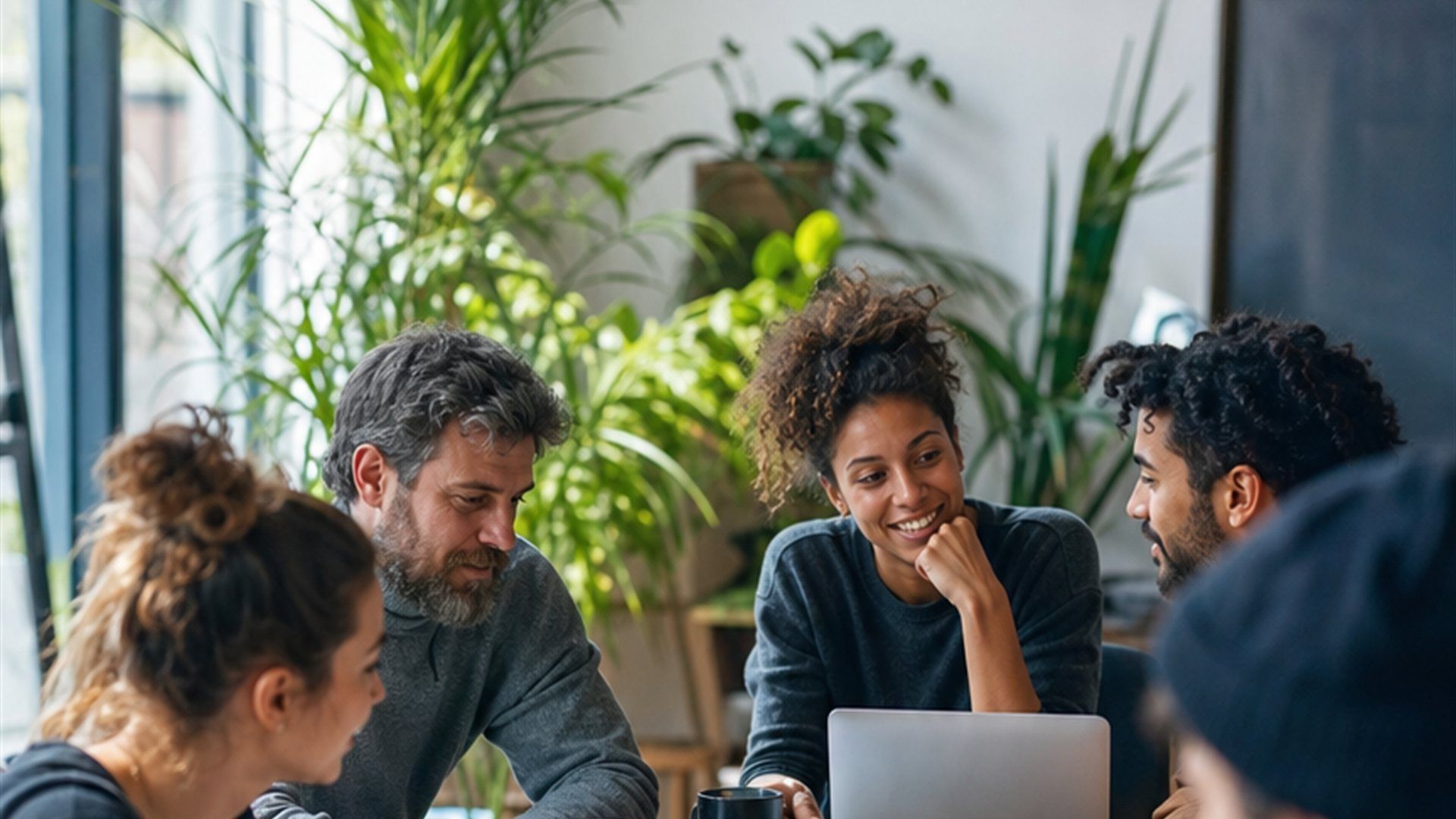 Grupo diverso de personas y clientes colaborando alrededor de una mesa en una oficina creativa con luz cálida.