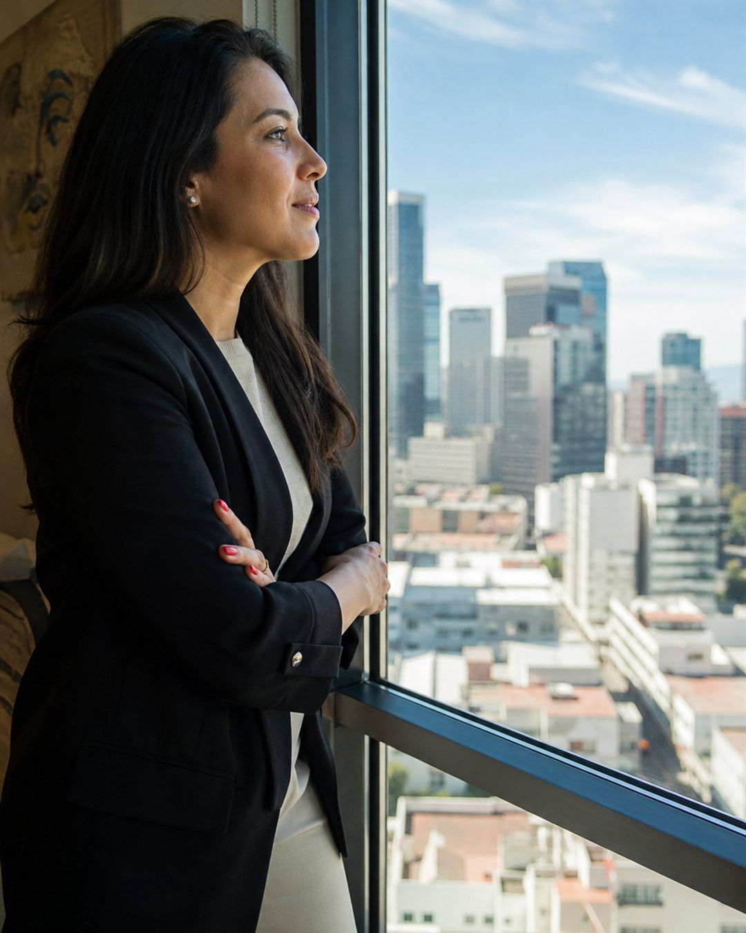 Profesional observando el horizonte desde una oficina con ventana amplia y luz cálida.