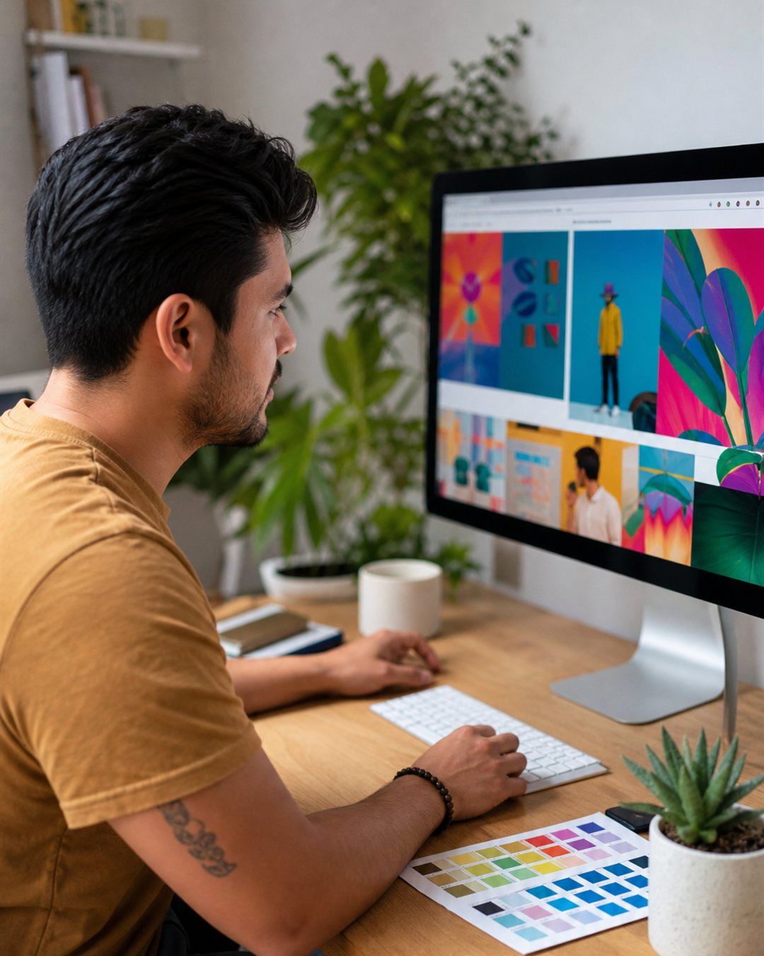 Disenador web revisando un mockup colorido en su monitor