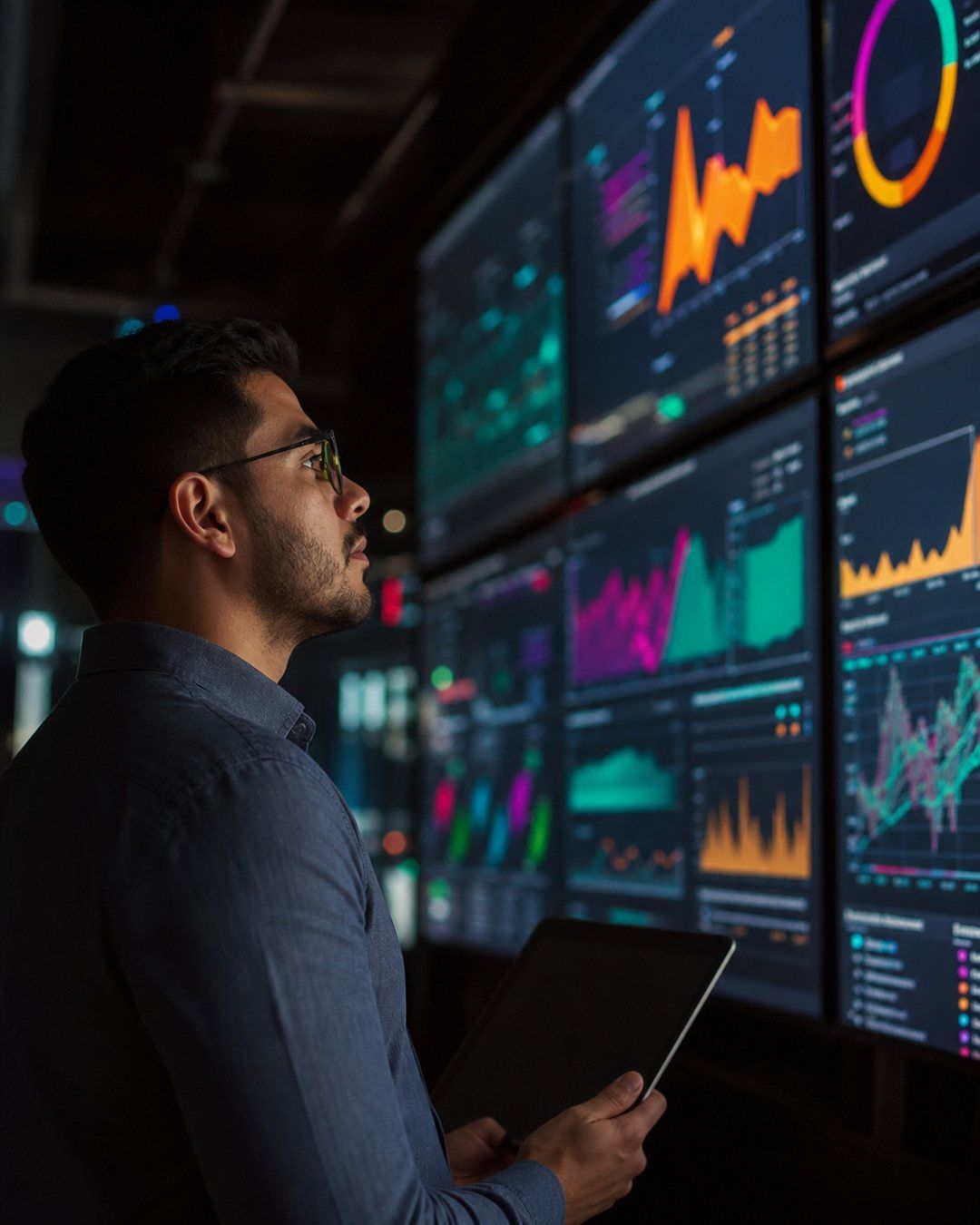 Analista frente a un muro de dashboards de datos