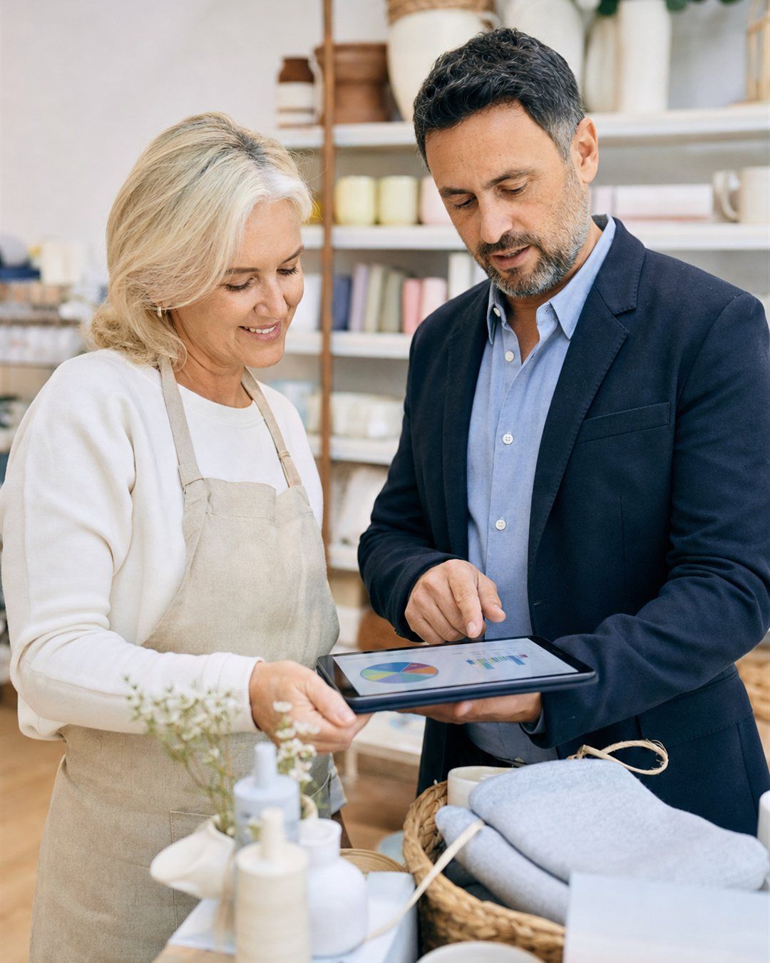 Revisando reportes claros junto al cliente en una tablet
