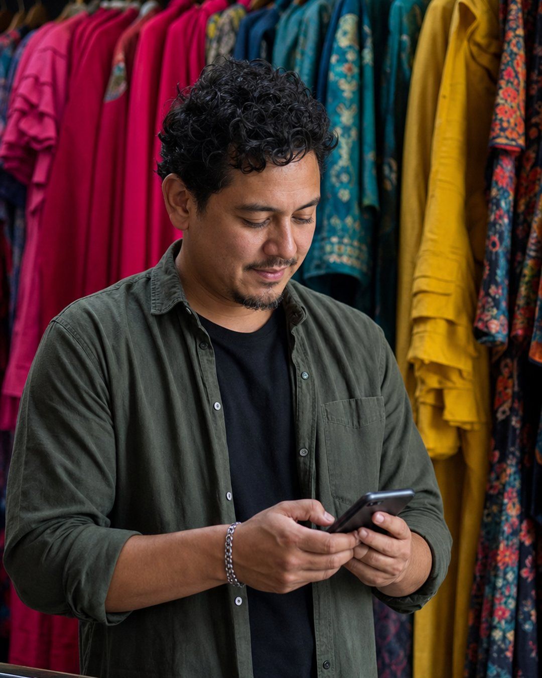 Emprendedora respondiendo chats de clientes desde su celular en un mostrador cálido.