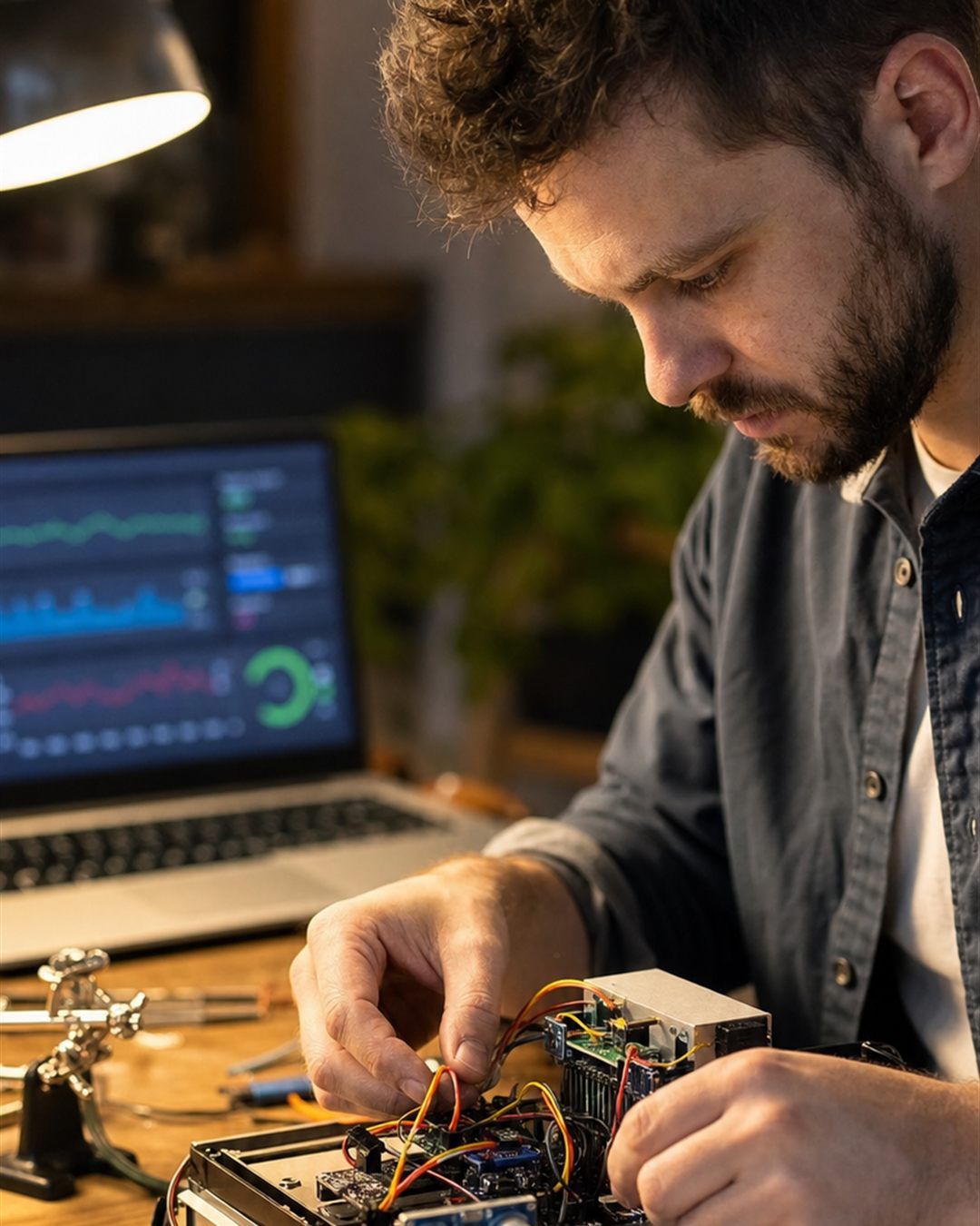 Ingeniero de GTMC desarrollando un sistema a medida con placas, sensores y hardware IoT en un taller con luz cálida.